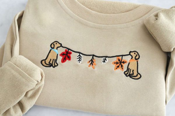 Fall Leaves Dog Embroidered Sweatshirt 2D Crewneck Sweatshirt For Family