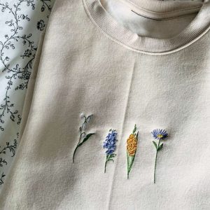 Flower Embroidered Sweatshirt Crewneck Sweatshirt For…