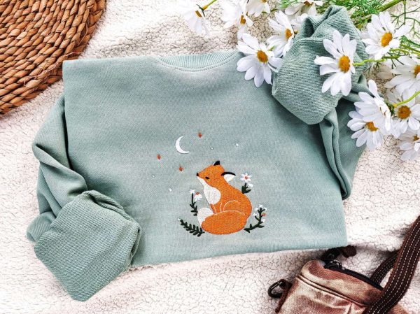 Fox Daisy Embroidered Sweatshirt 2D Crewneck Sweatshirt Gift For Family