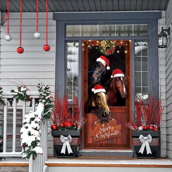 Funny Horses Merry Christmas Door Cover Decoration, Farmhouse Santa Horses Door