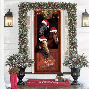 Funny Horses Merry Christmas Door Cover…