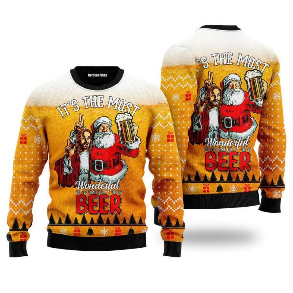 Funny Santa Drink Beer With Jesus Ugly Christmas Sweater, Gift For Christmas