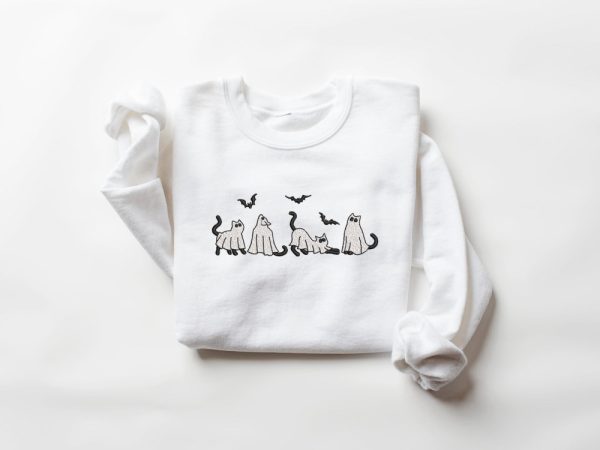 Ghost Cats Embroidered Sweatshirt 2D Crewneck Sweatshirt Gift For Family