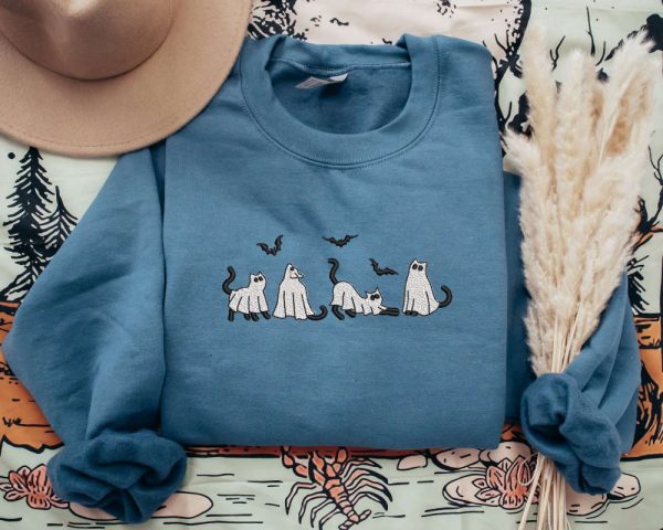 Ghost Cats Embroidered Sweatshirt 2D Crewneck Sweatshirt Gift For Family