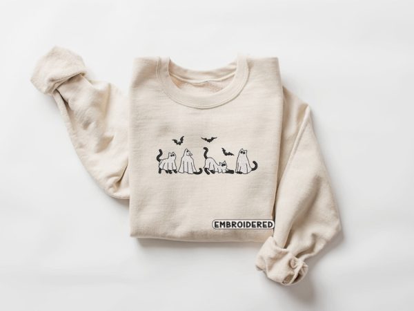 Ghost Cats Embroidered Sweatshirt 2D Crewneck Sweatshirt Gift For Family