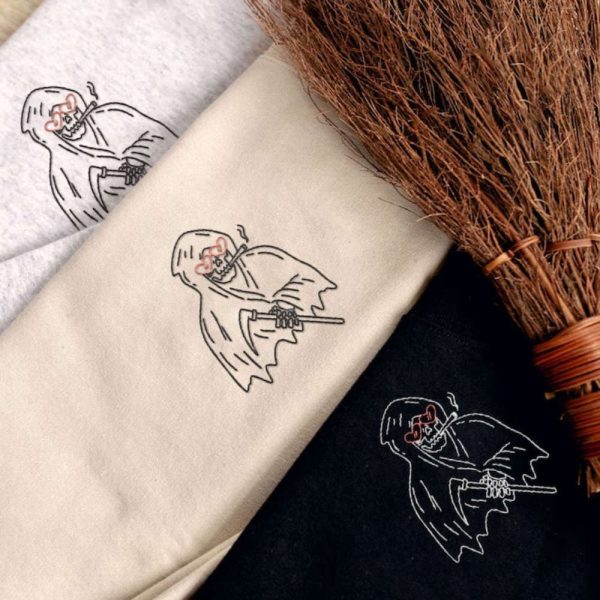 Grimm Reaper Halloween Embroidered Sweatshirt 2D Crewneck Sweatshirt For Men Women