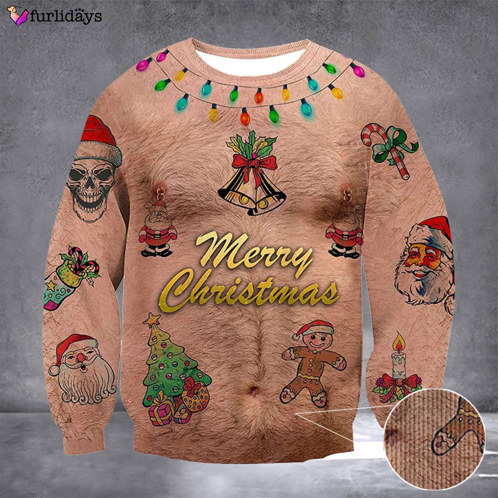 hairy chest christmas sweater with ornaments