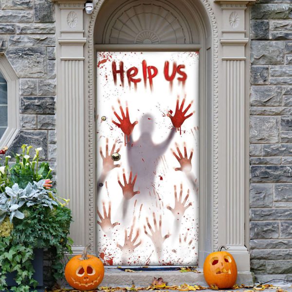 Horror Help Us Halloween Door Cover Decorations for Front Door