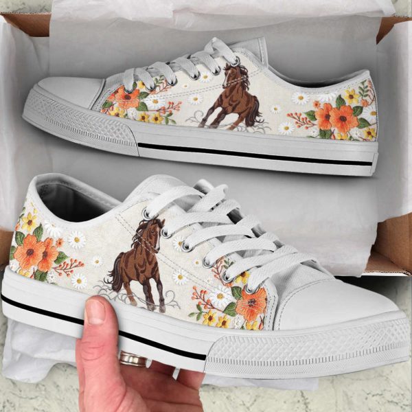 Horse Embroidery Floral Low Top Shoes: Canvas Print Casual Shoes