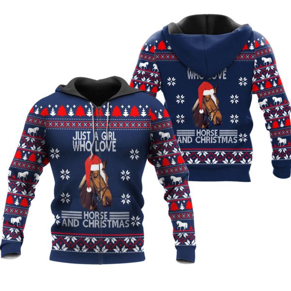 Just A Girl Who Loves Christmas And Horse Ugly Christmas Sweatshirt Hoodie All Over Printed