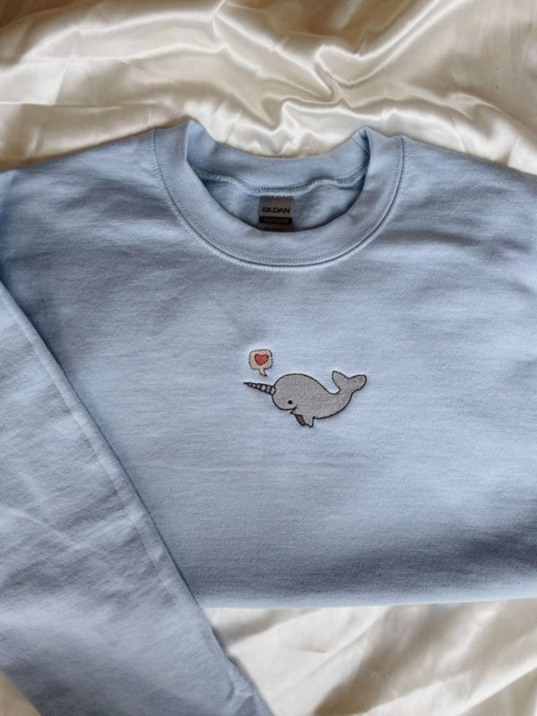 Love Heart Narwhal Embroidered Sweatshirt 2D Crewneck Sweatshirt  For Men And Women