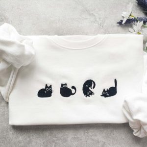 Lovely Black Cat Embroidered Sweatshirt Crewneck…