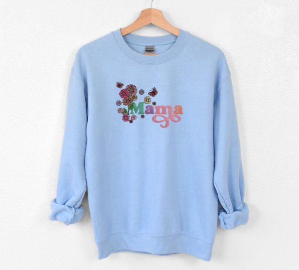 Mama with Flowers Embroidered Sweatshirt 2D Crewneck Sweatshirt Gift For Family