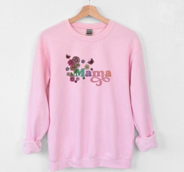 Mama with Flowers Embroidered Sweatshirt 2D Crewneck Sweatshirt Gift For Family