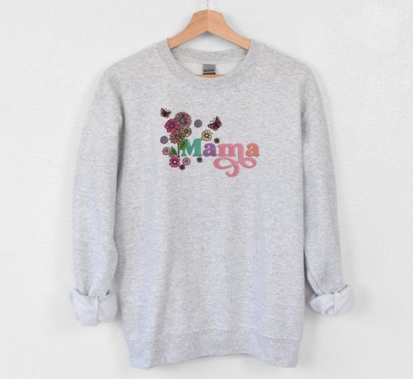 Mama with Flowers Embroidered Sweatshirt 2D Crewneck Sweatshirt Gift For Family