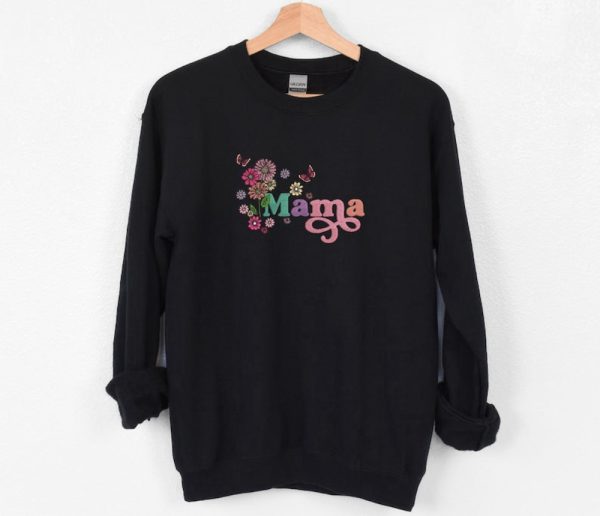 Mama with Flowers Embroidered Sweatshirt 2D Crewneck Sweatshirt Gift For Family