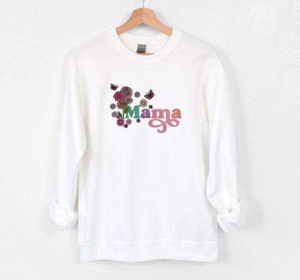 Mama with Flowers Embroidered Sweatshirt 2D Crewneck Sweatshirt Gift For Family