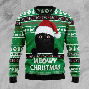 Meowy Black Cat Ugly Christmas Sweater…