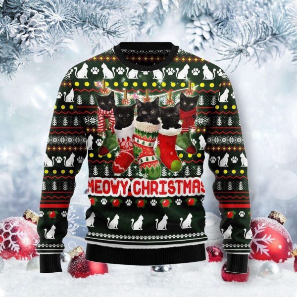 Meowy Christmas Black Cat Ugly Christmas Sweater, Meowy Christmas Black Cat  Gift For Christmas