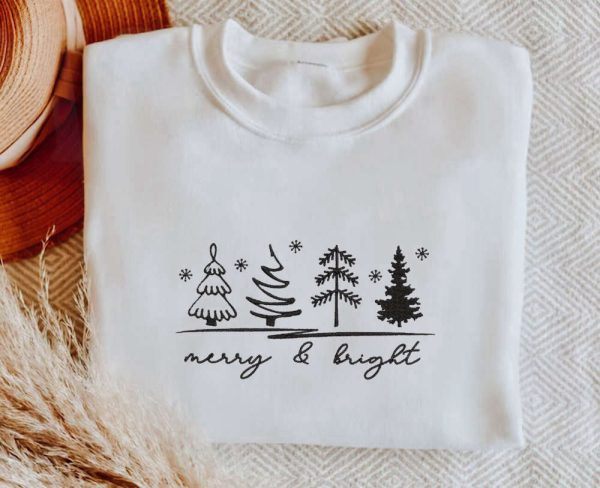 Merry & Bright Christmas Trees Sweatshirt, Christmas Sweatshirt For Womens