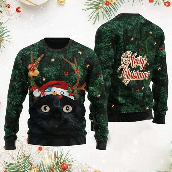 Merry Christmas Black Cat In Pine Tree Christmas Ugly Sweater, Gift Christmas