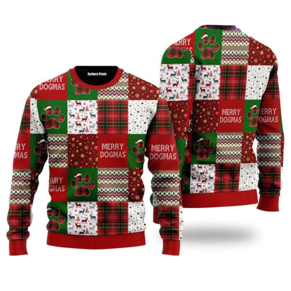 Merry Dogmas Paws Patchwork Pattern Ugly Christmas Sweater For Men & Women