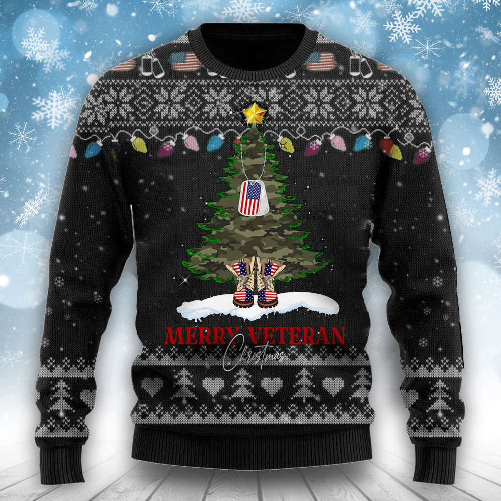 Merry Veteran Christmas Sweater Combat Boots Dog Tag Christmas Tree Ugly Sweater Gift - Furlidays