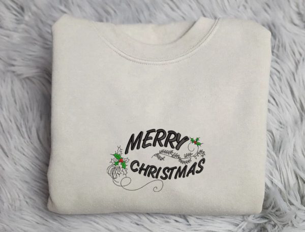 Merry Christmas Embroidery Sweatshirt, Embroidery Crewneck Sweatshirt For Family