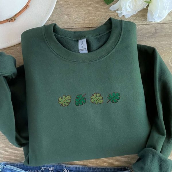 Monstera Leaves Embroidered Sweatshirt 2D Crewneck Sweatshirt Best Gift For Family