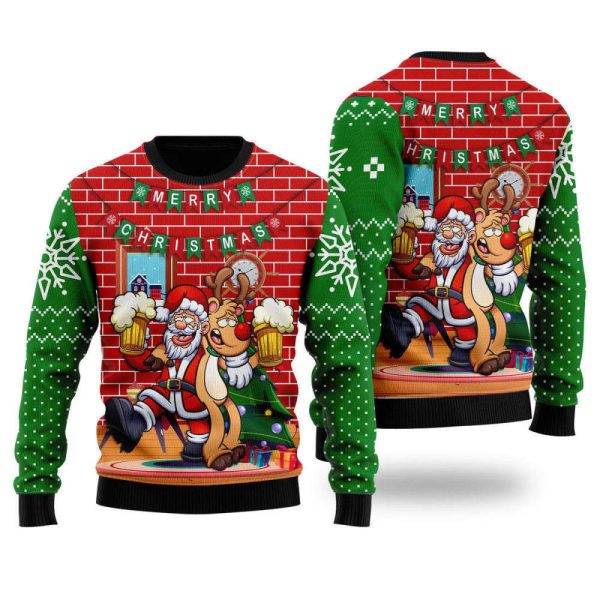 Oktoberfest Funny Santa Drink Beer With Reindeer Ugly Christmas Sweater