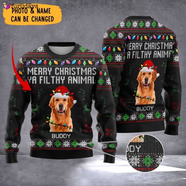 Personalized Photo Golden Retriever Merry Christmas Ya Filthy Animal Sweater Dog Xmas Sweater