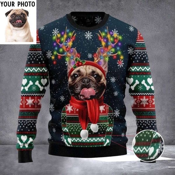 Personalized Photo Pug Ugly Christmas Sweater Custom Pet Christmas Sweater Dog Owners Gift