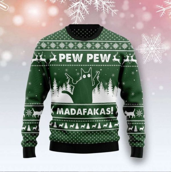 Pew Madafakas Pew Funny Black Cat Ugly Christmas Sweater For Pet Lover