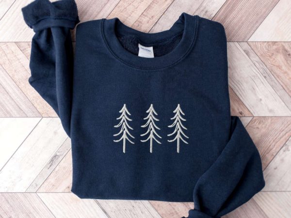 Pine Tree Trio Embroidered Crewneck Sweatshirt, Christmas Embroidery Sweater For Family