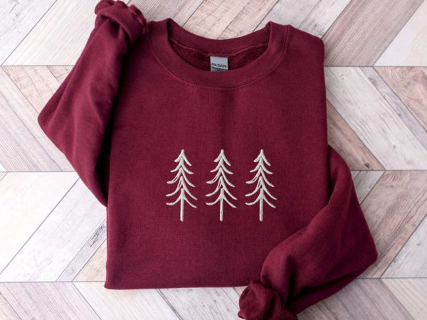 Pine Tree Trio Embroidered Crewneck Sweatshirt, Christmas Embroidery Sweater For Family