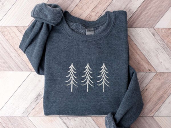 Pine Tree Trio Embroidered Crewneck Sweatshirt, Christmas Embroidery Sweater For Family