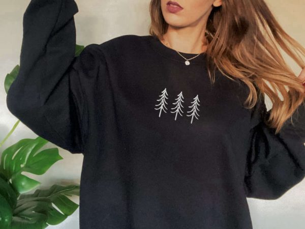 Pine Tree Trio Embroidered Crewneck Sweatshirt, Christmas Embroidery Sweater For Family