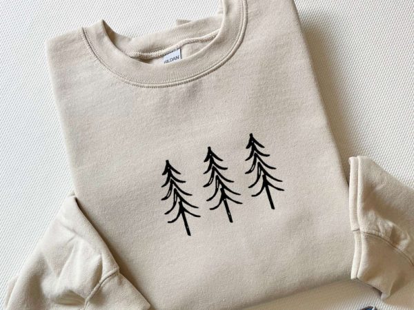 Pine Tree Trio Embroidered Crewneck Sweatshirt, Christmas Embroidery Sweater For Family