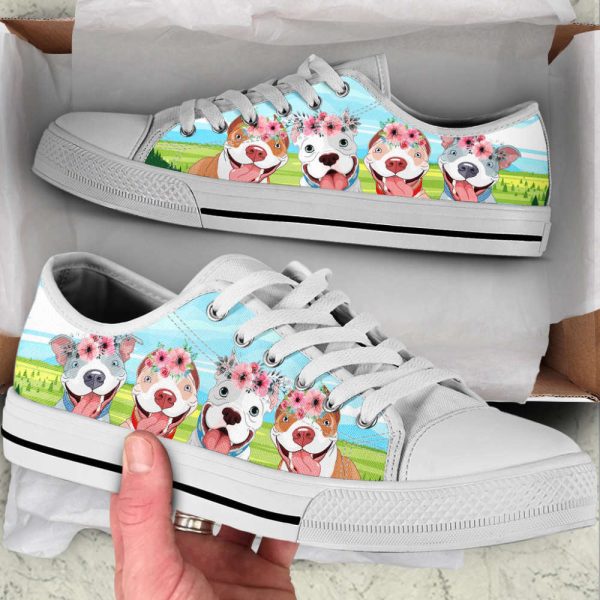 Pitbull Dog Floral Wreath Low Top Shoes Canvas Sneakers Casual Shoes