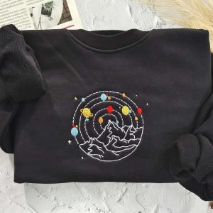 Planets And Mountain Embroidered Sweatshirt 2D Crewneck Sweatshirt Best Gift For Family