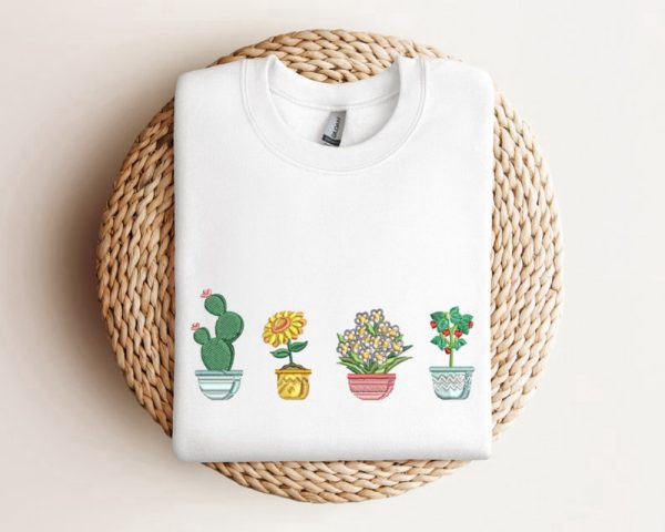 Pot Plants Embroidered Sweatshirt 2D Crewneck Sweatshirt For Men Women