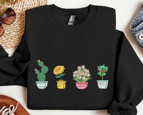 Pot Plants Embroidered Sweatshirt 2D Crewneck Sweatshirt For Men Women