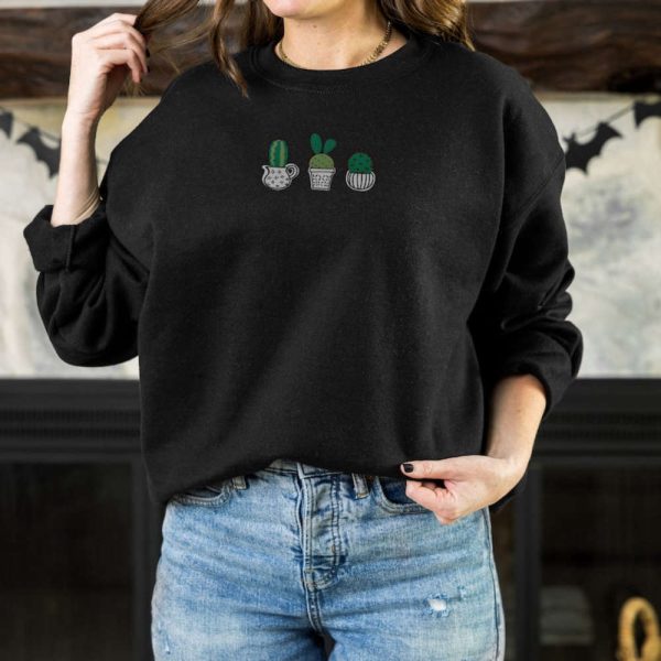 Potted Cuctus Embroidered Sweatshirt 2D Crewneck Sweatshirt, For Men And Women