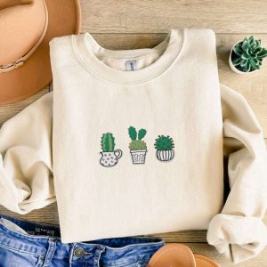 Potted Cuctus Embroidered Sweatshirt 2D Crewneck Sweatshirt, For Men And Women