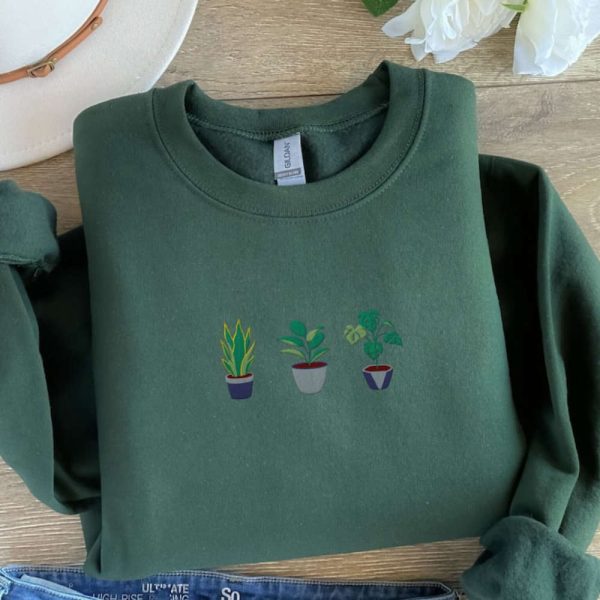 Potted Plants Embroidered Sweatshirt 2D Crewneck Sweatshirt Best Gift For Family