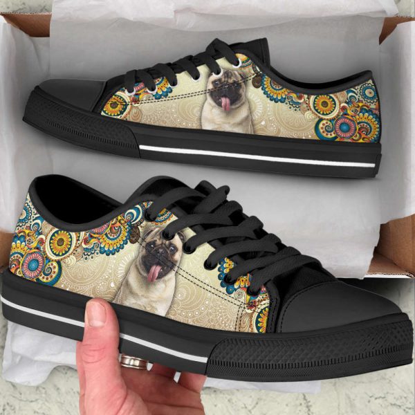 Pug Dog Ethnic Floral Pattern Low Top Shoes Canvas Sneakers Casual Shoes