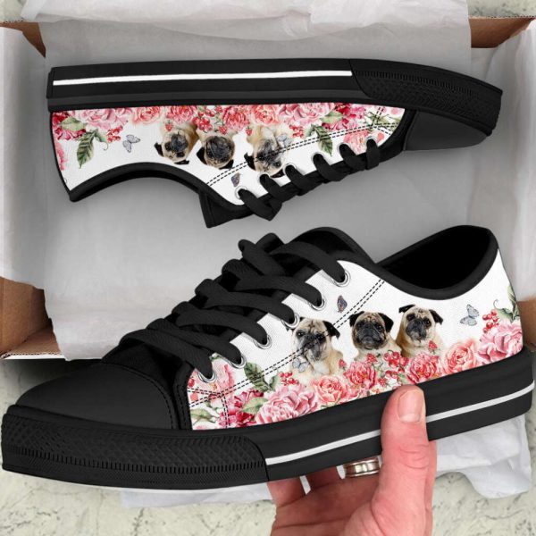 Pug Dog Flower Pink Butterfly Low Top Shoes Canvas Sneakers