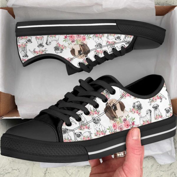 Pug Dog Watercolor Flower Low Top Shoes Canvas Sneakers Casual Shoes