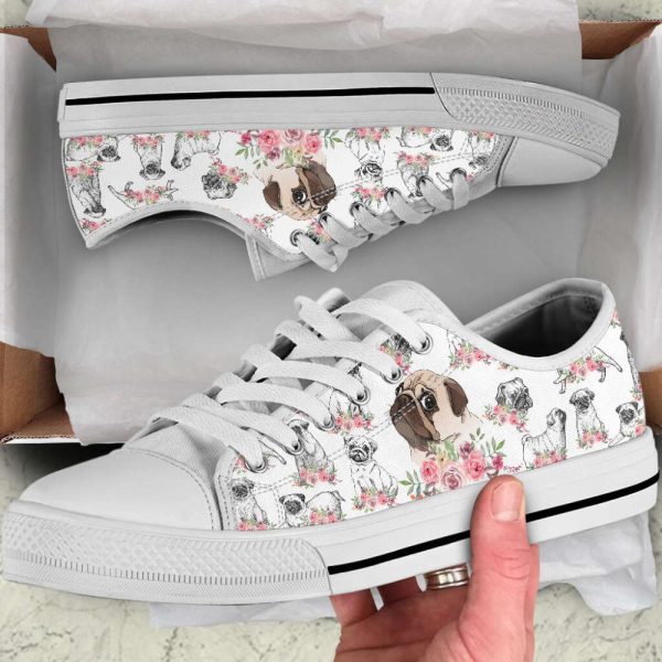 Pug Dog Watercolor Flower Low Top Shoes Canvas Sneakers Casual Shoes