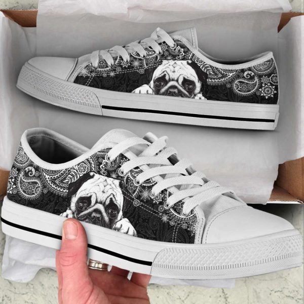 Pug Paisley Black White Low Top Shoes Canvas Sneakers Casual Shoes
